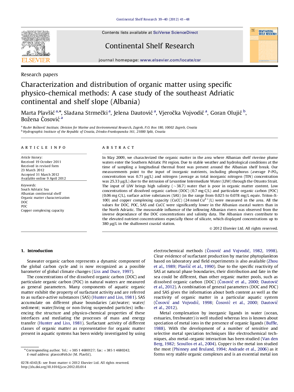 Characterization and distribution of organic matter using specific physico-chemical methods: A case study of the southeast Adriatic continental and shelf slope (Albania)