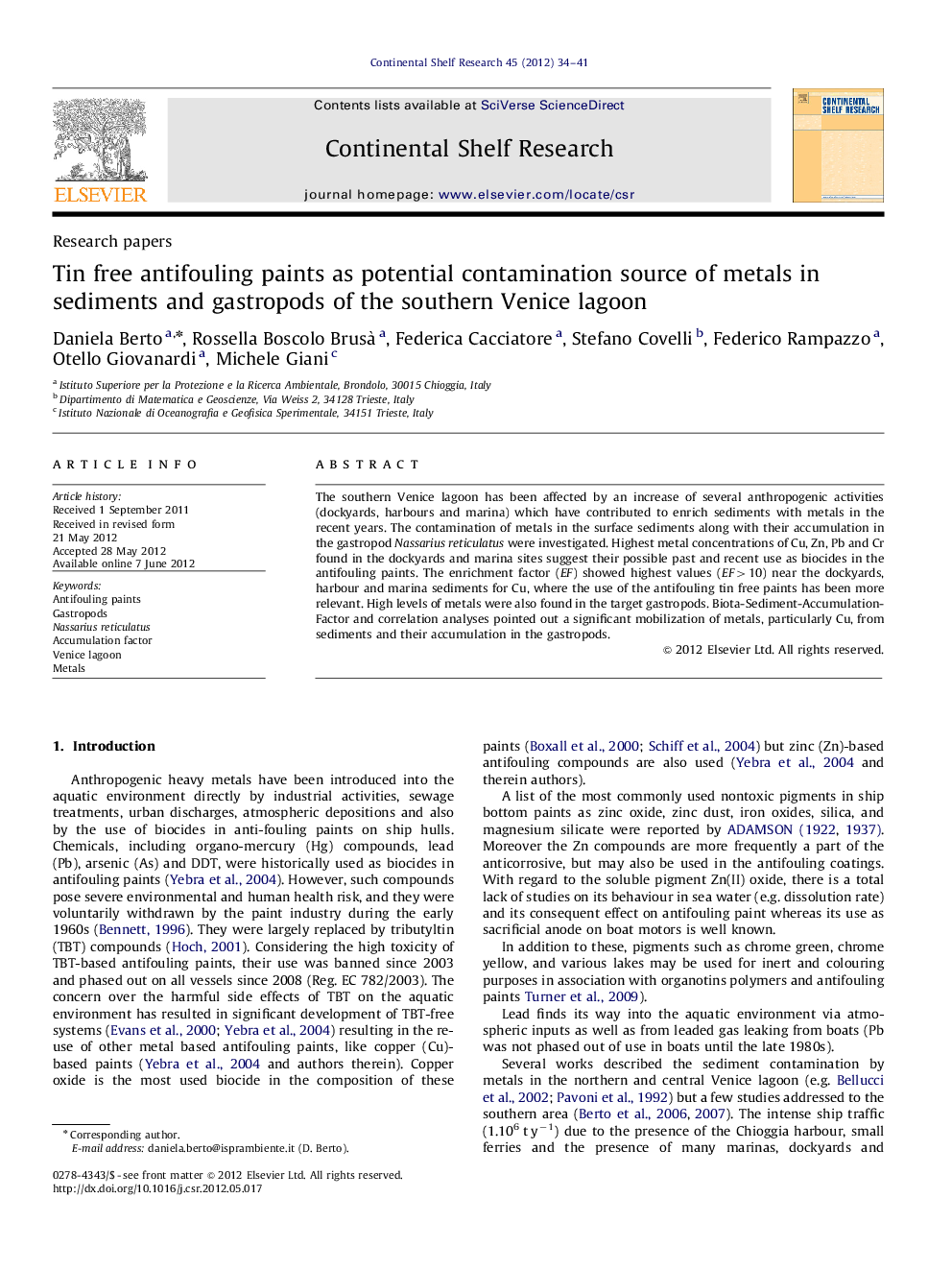 Tin free antifouling paints as potential contamination source of metals in sediments and gastropods of the southern Venice lagoon