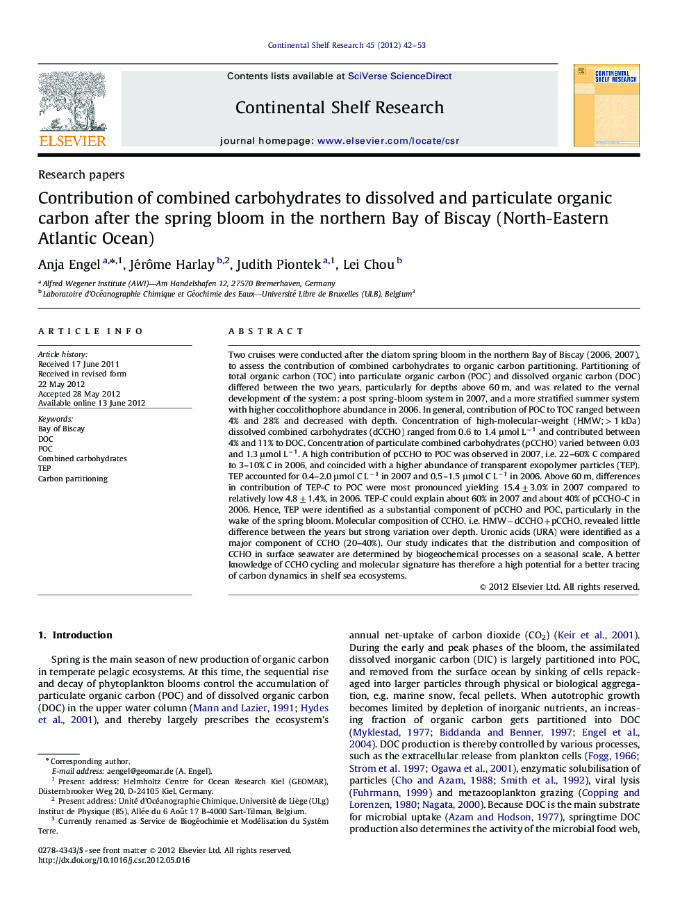 Contribution of combined carbohydrates to dissolved and particulate organic carbon after the spring bloom in the northern Bay of Biscay (North-Eastern Atlantic Ocean)