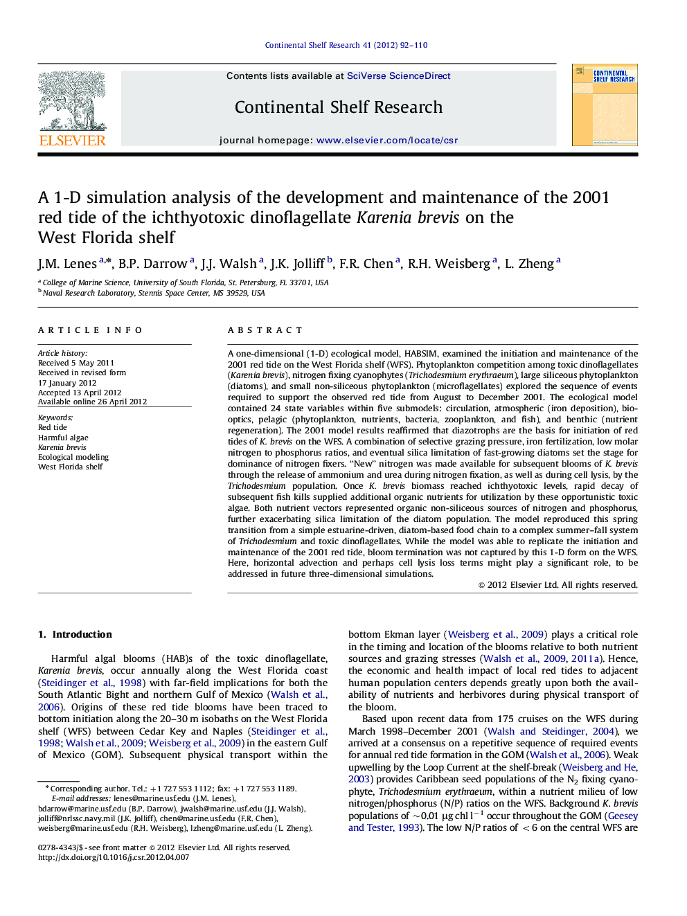 A 1-D simulation analysis of the development and maintenance of the 2001 red tide of the ichthyotoxic dinoflagellate Karenia brevis on the West Florida shelf