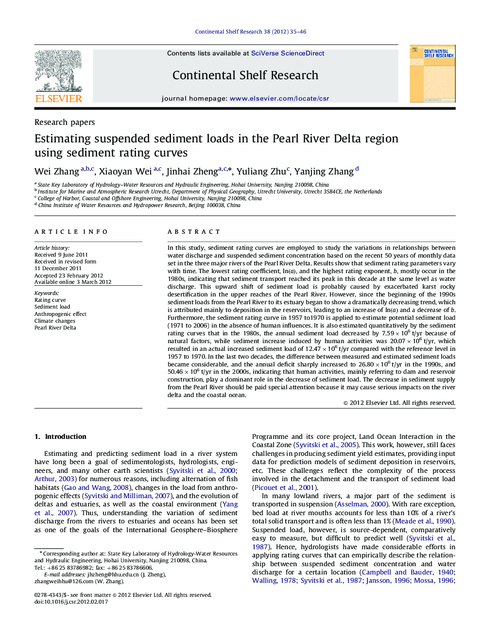 Estimating suspended sediment loads in the Pearl River Delta region using sediment rating curves