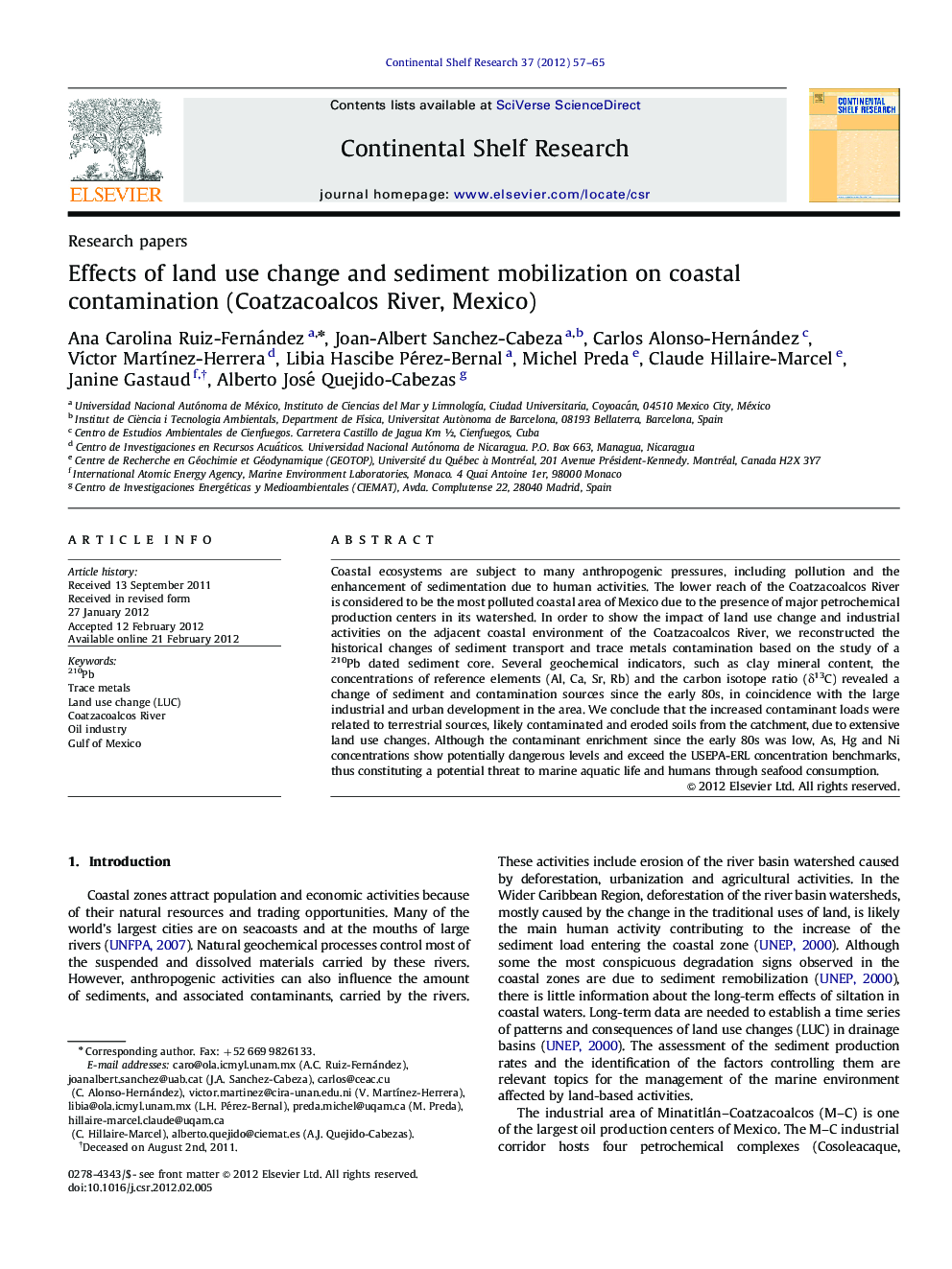 Effects of land use change and sediment mobilization on coastal contamination (Coatzacoalcos River, Mexico)