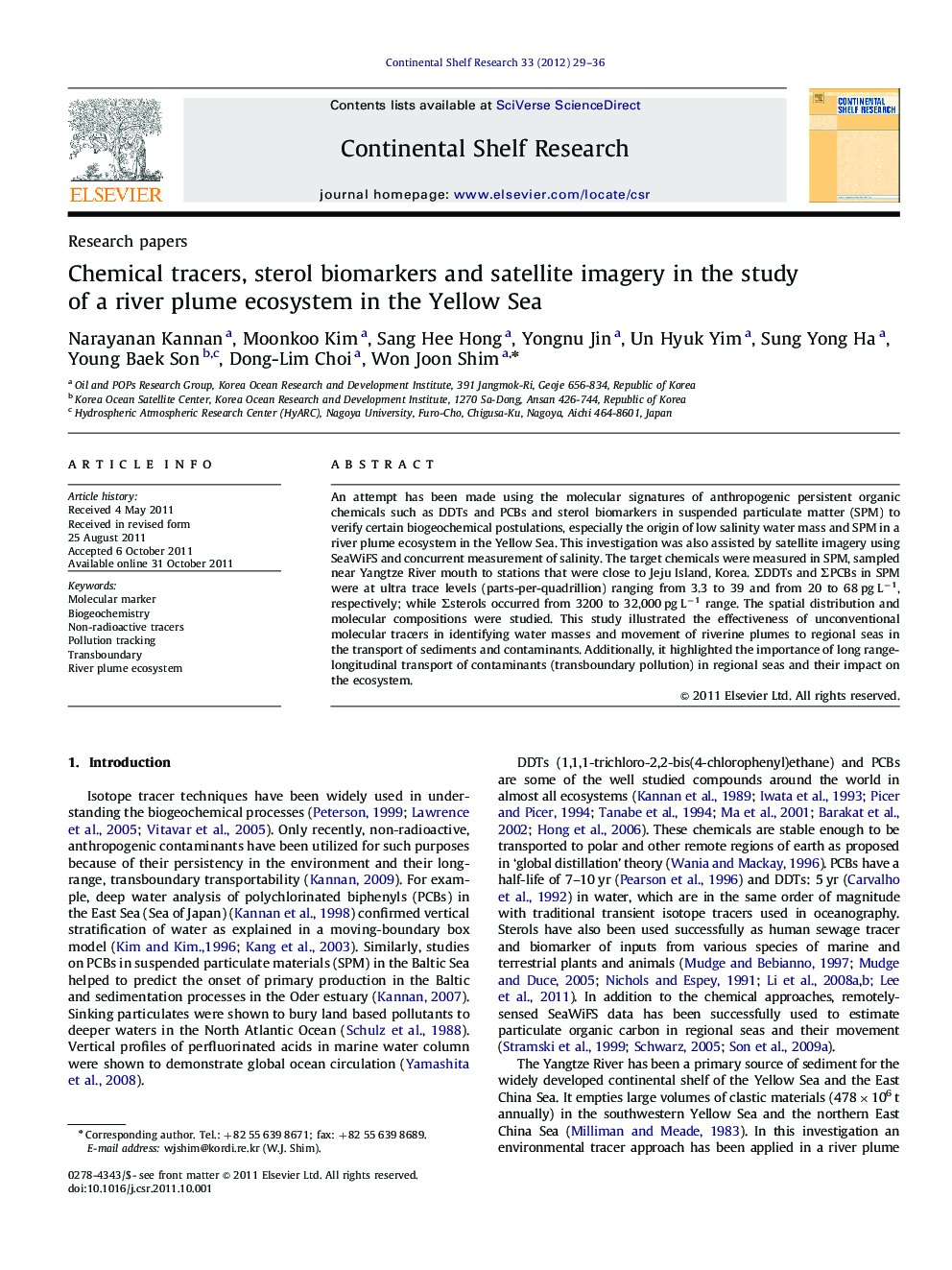 Chemical tracers, sterol biomarkers and satellite imagery in the study of a river plume ecosystem in the Yellow Sea