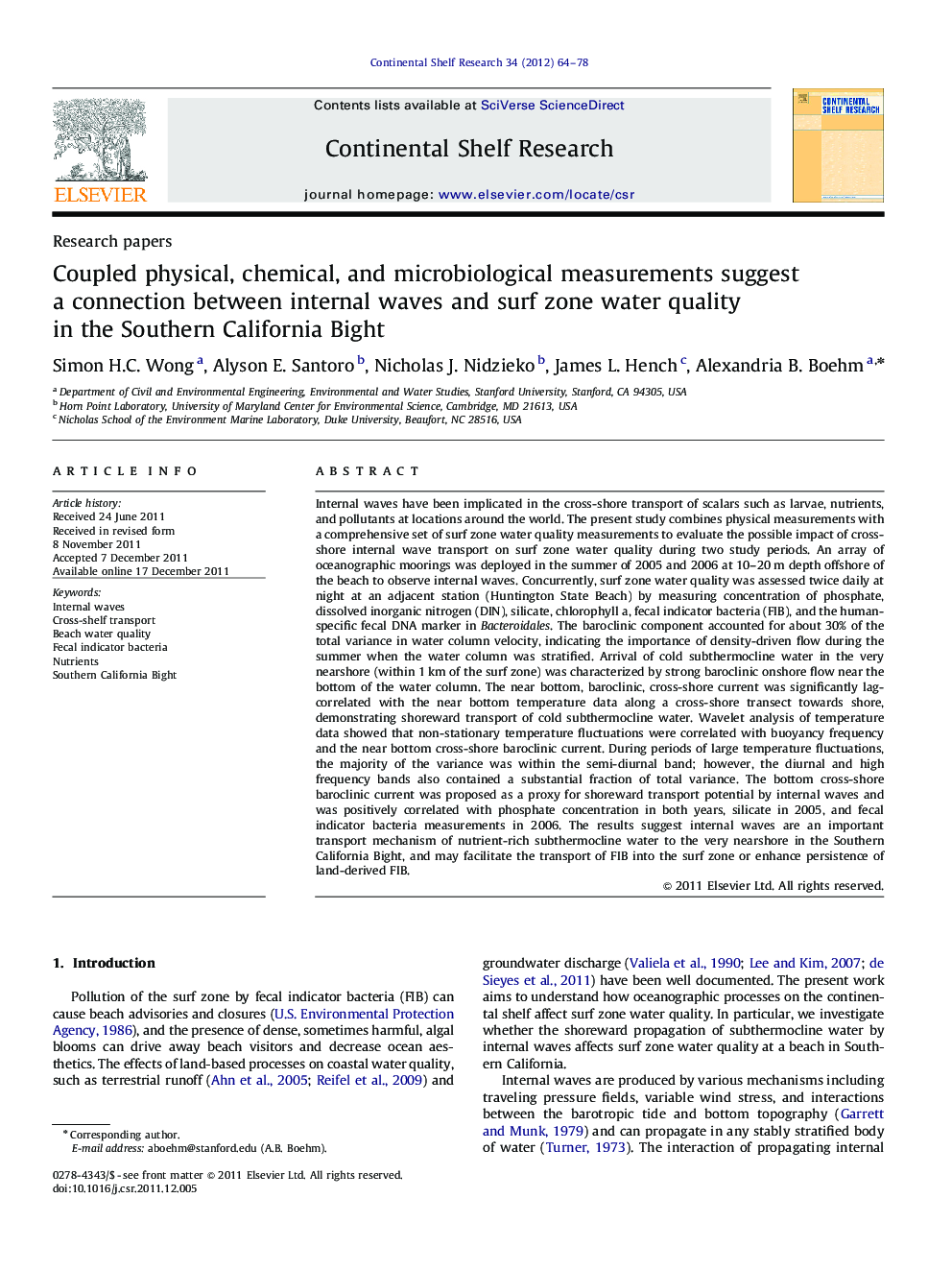 Coupled physical, chemical, and microbiological measurements suggest a connection between internal waves and surf zone water quality in the Southern California Bight