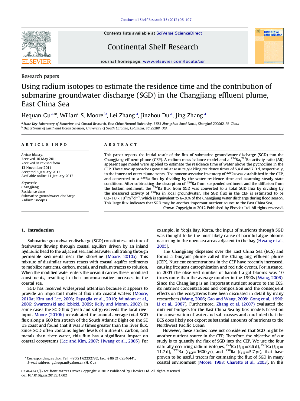 Using radium isotopes to estimate the residence time and the contribution of submarine groundwater discharge (SGD) in the Changjiang effluent plume, East China Sea