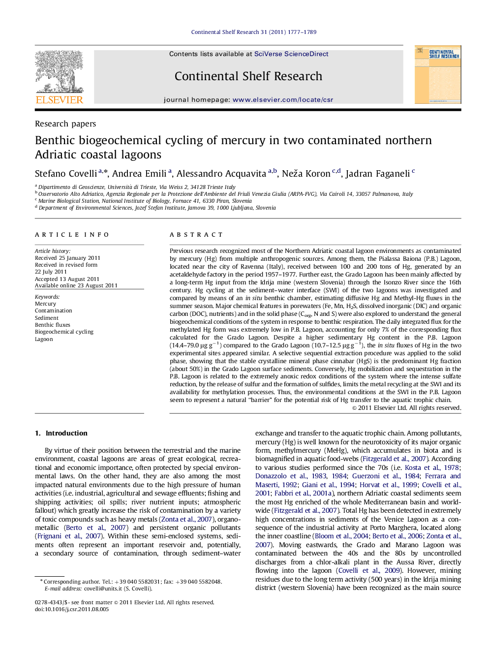 Benthic biogeochemical cycling of mercury in two contaminated northern Adriatic coastal lagoons