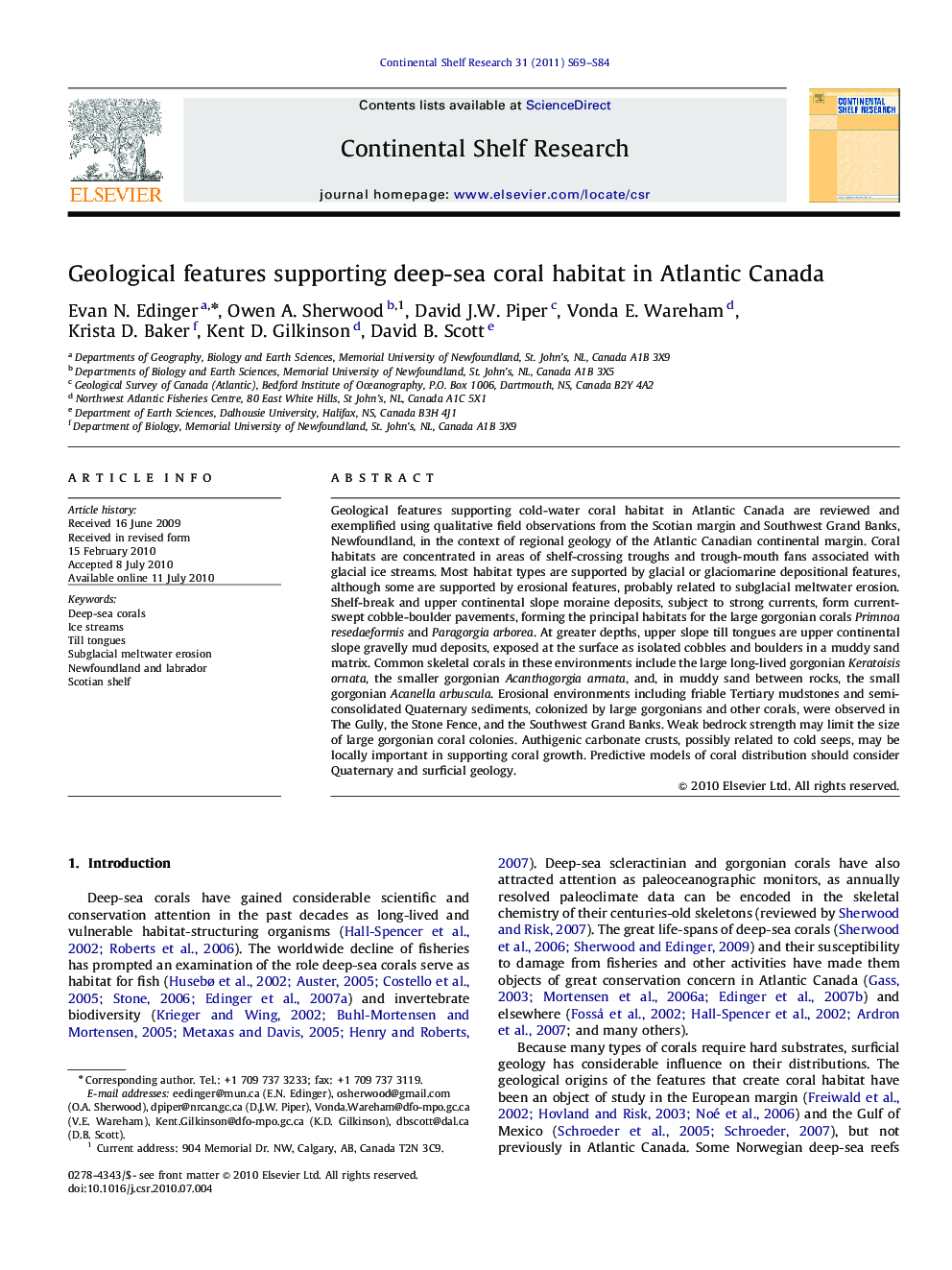 Geological features supporting deep-sea coral habitat in Atlantic Canada