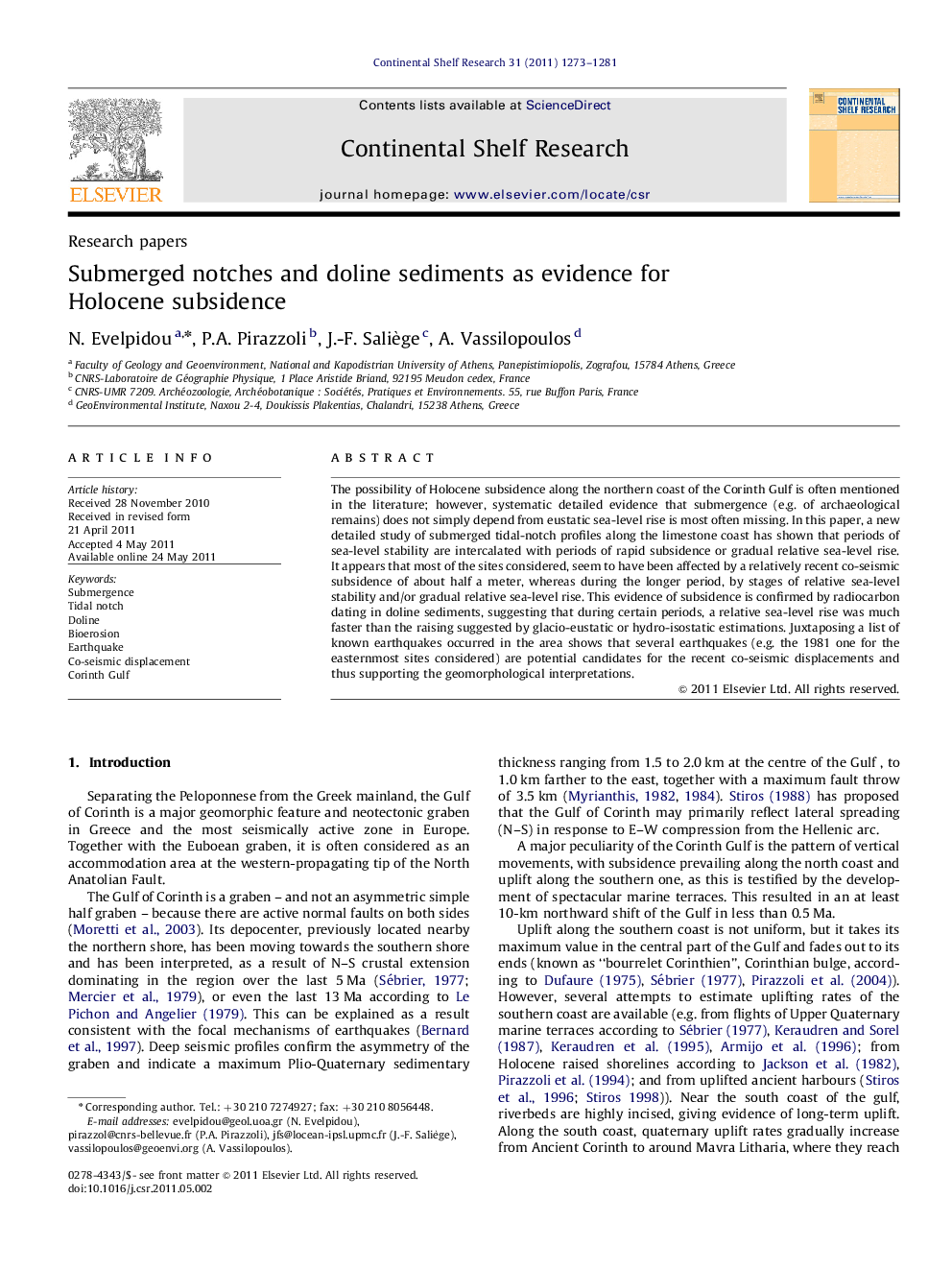 عکس صفحه اول مقاله: Submerged notches and doline sediments as evidence for Holocene subsidence Submerged notches and doline sediments as evidence for Holocene subsidence