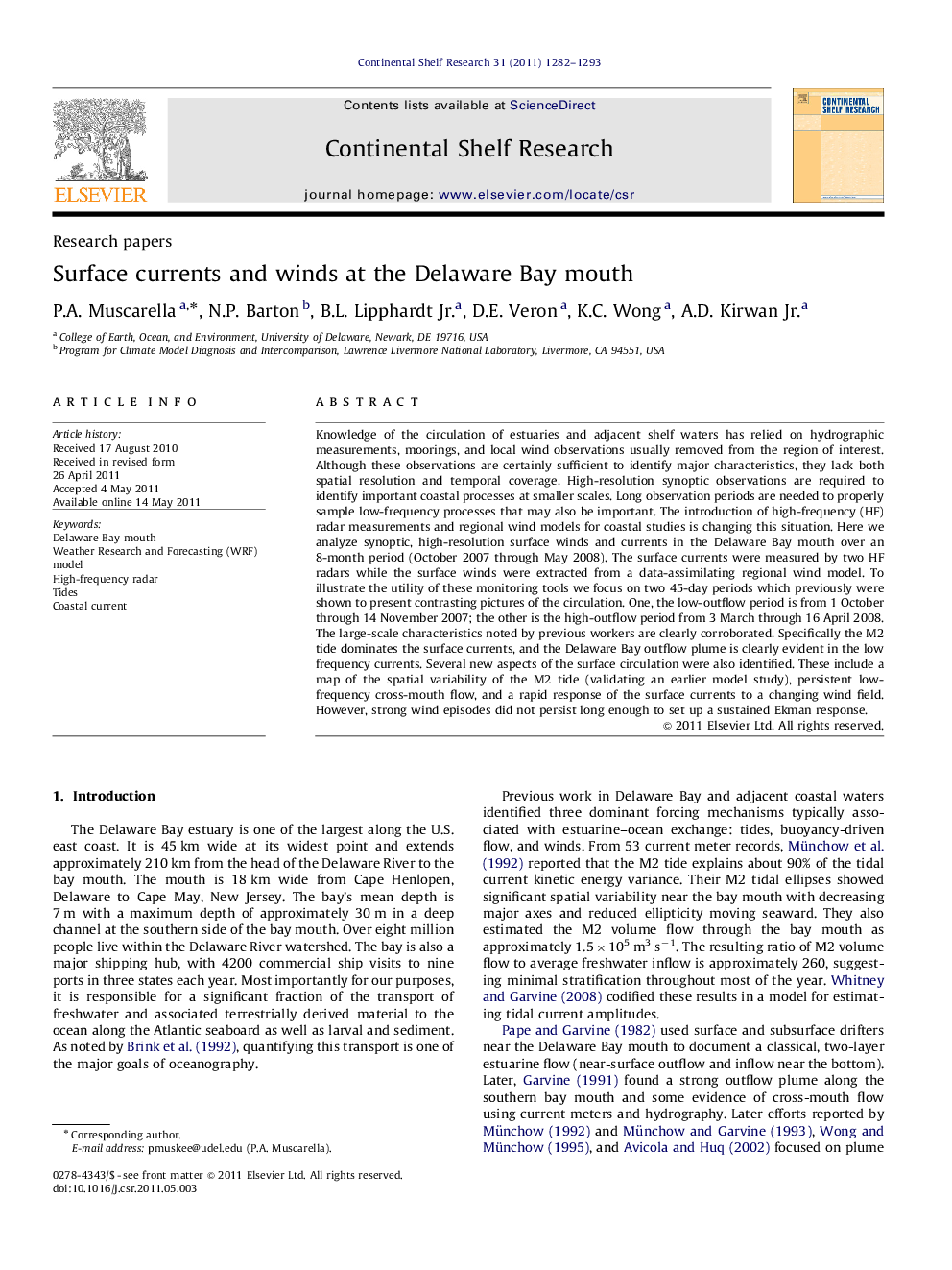 Surface currents and winds at the Delaware Bay mouth