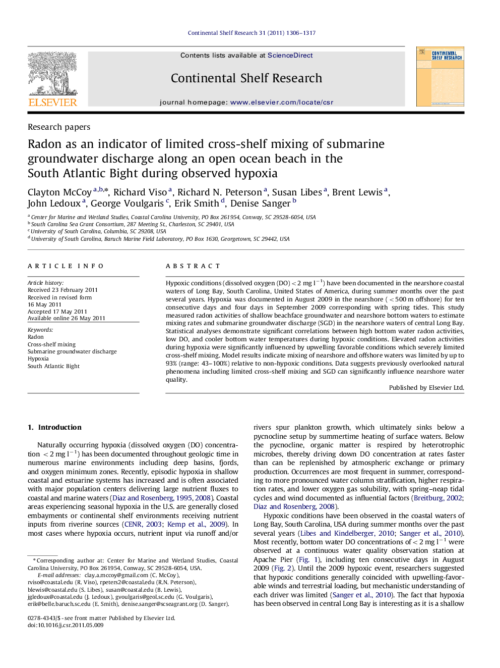 Radon as an indicator of limited cross-shelf mixing of submarine groundwater discharge along an open ocean beach in the South Atlantic Bight during observed hypoxia