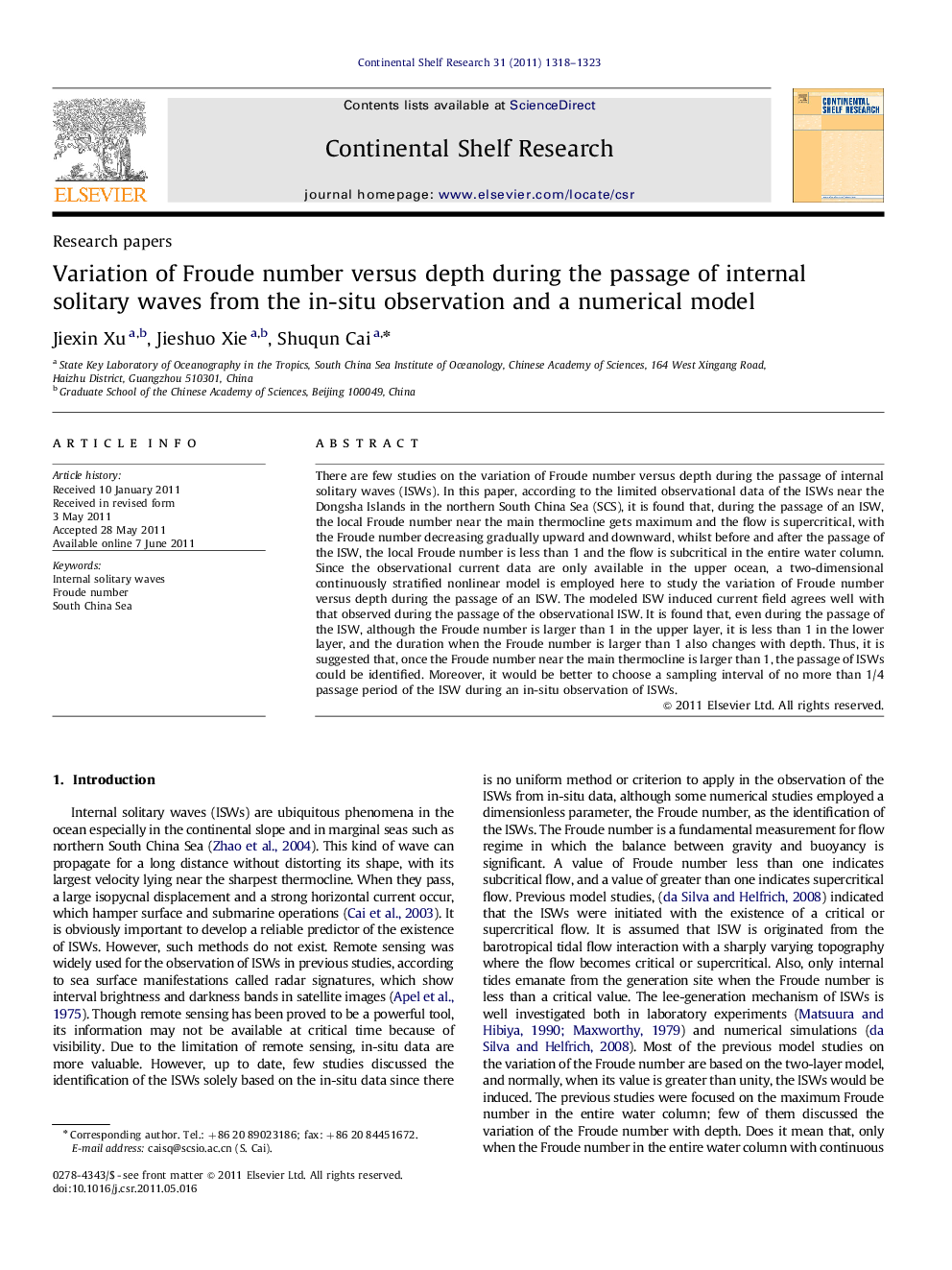 Variation of Froude number versus depth during the passage of internal solitary waves from the in-situ observation and a numerical model