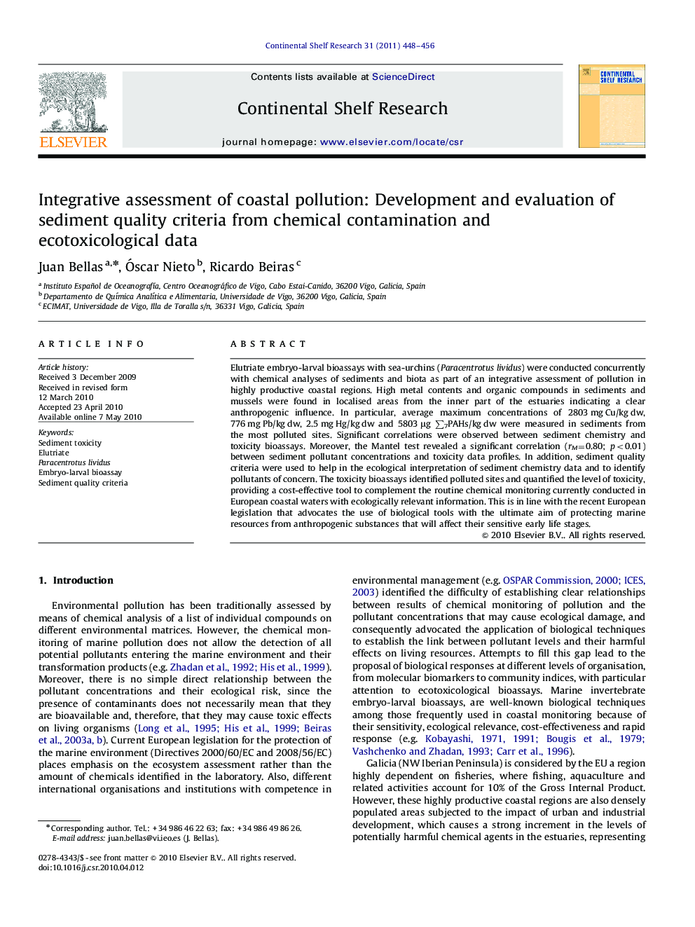 Integrative assessment of coastal pollution: Development and evaluation of sediment quality criteria from chemical contamination and ecotoxicological data