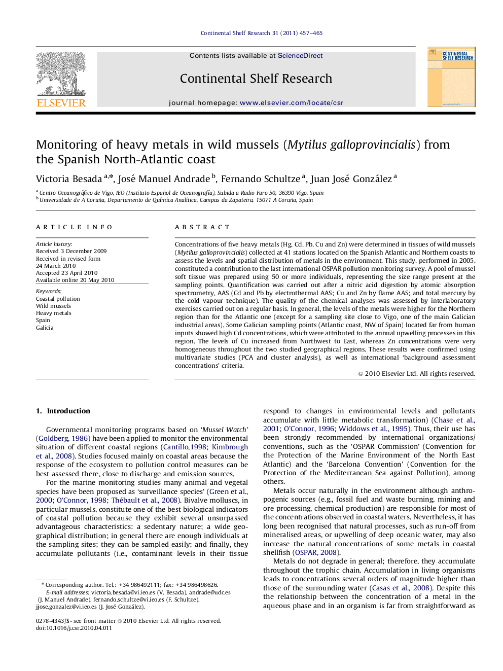 Monitoring of heavy metals in wild mussels (Mytilus galloprovincialis) from the Spanish North-Atlantic coast