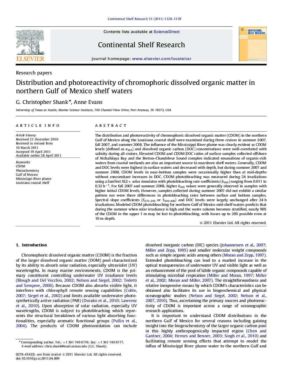 Distribution and photoreactivity of chromophoric dissolved organic matter in northern Gulf of Mexico shelf waters