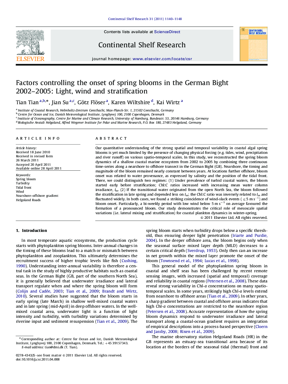 Factors controlling the onset of spring blooms in the German Bight 2002–2005: Light, wind and stratification