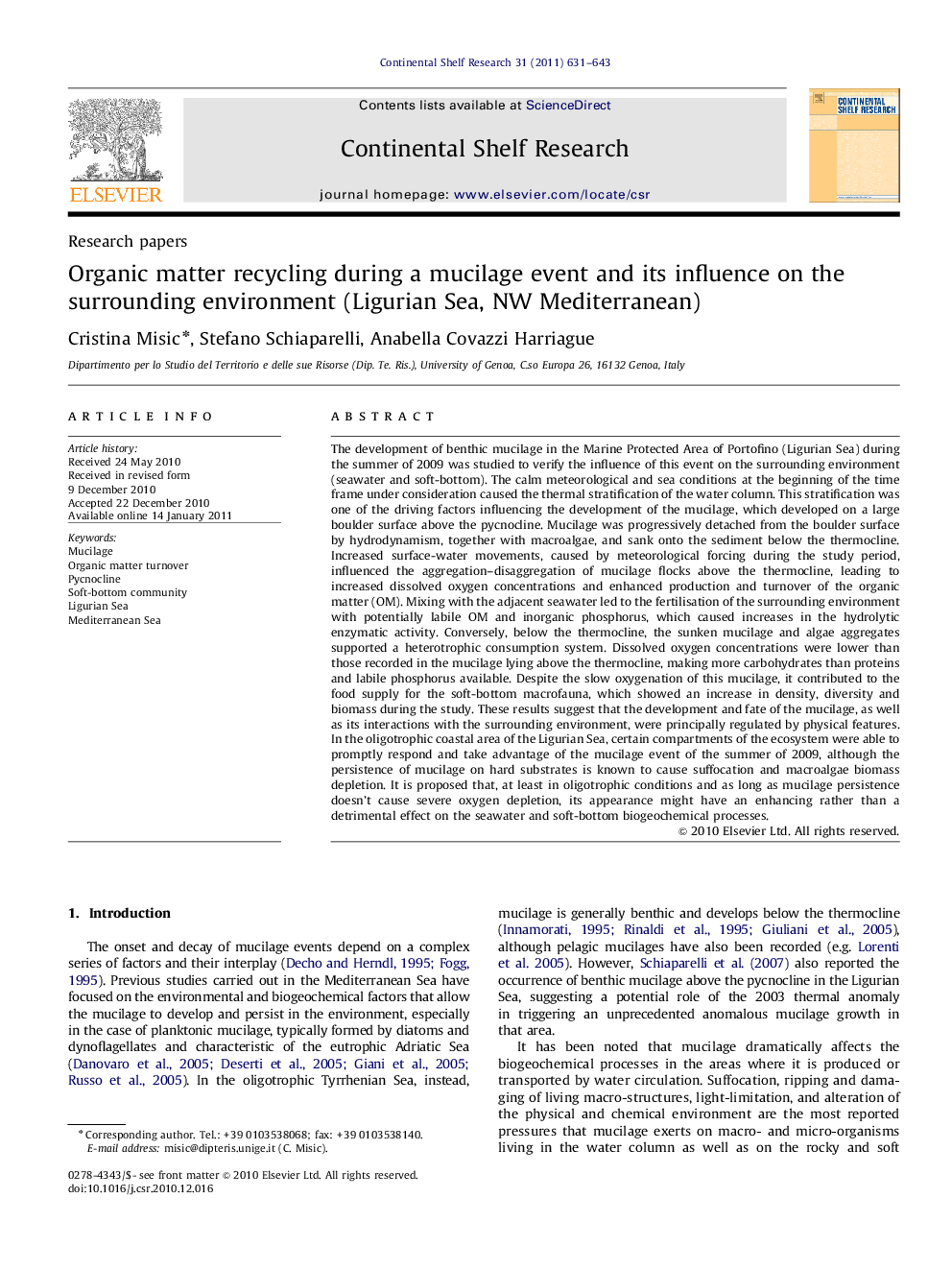 Organic matter recycling during a mucilage event and its influence on the surrounding environment (Ligurian Sea, NW Mediterranean)