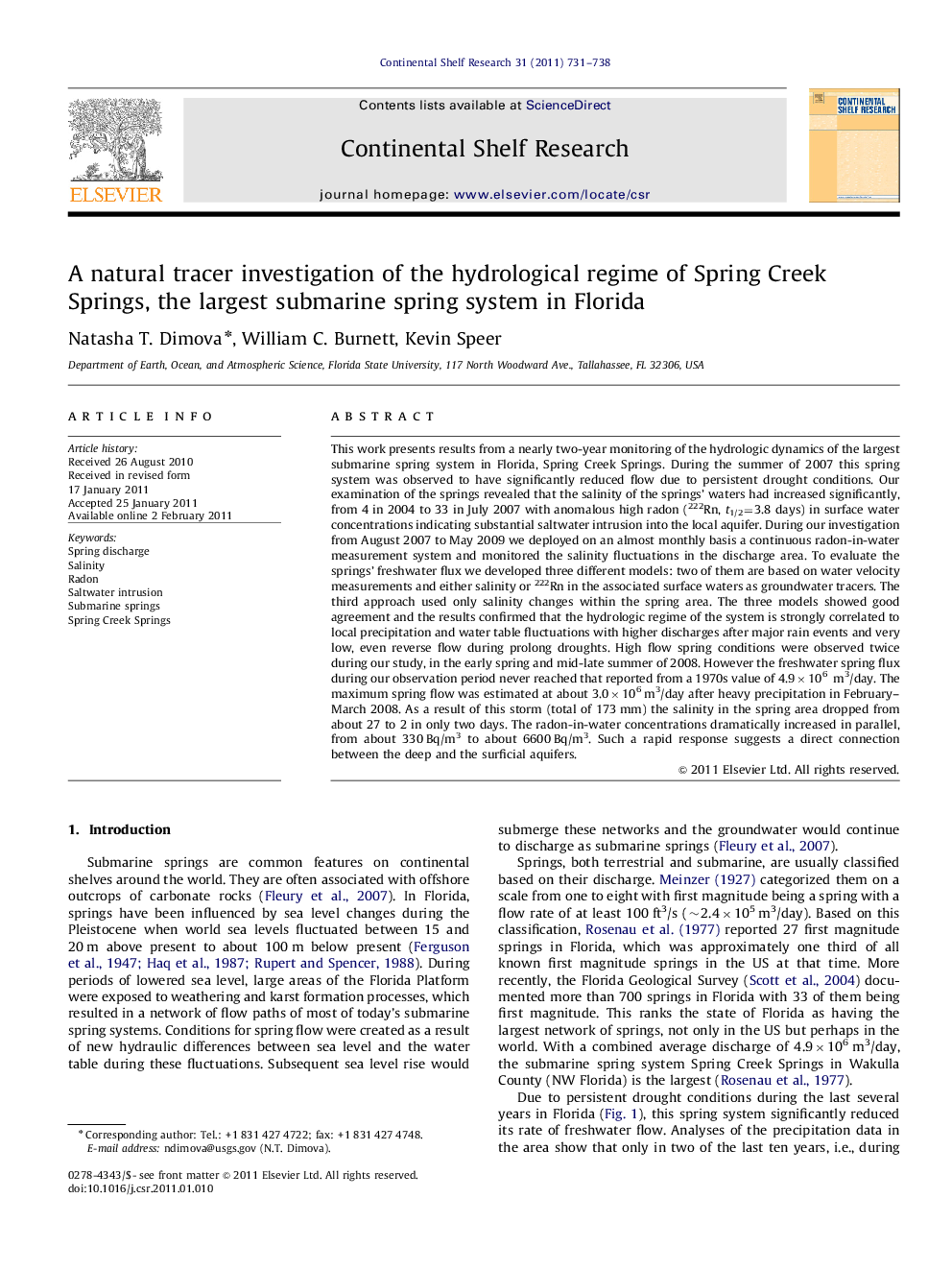 A natural tracer investigation of the hydrological regime of Spring Creek Springs, the largest submarine spring system in Florida