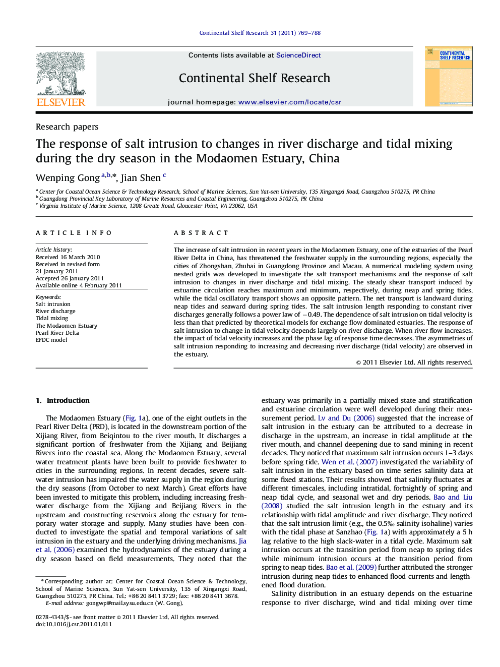 The response of salt intrusion to changes in river discharge and tidal mixing during the dry season in the Modaomen Estuary, China