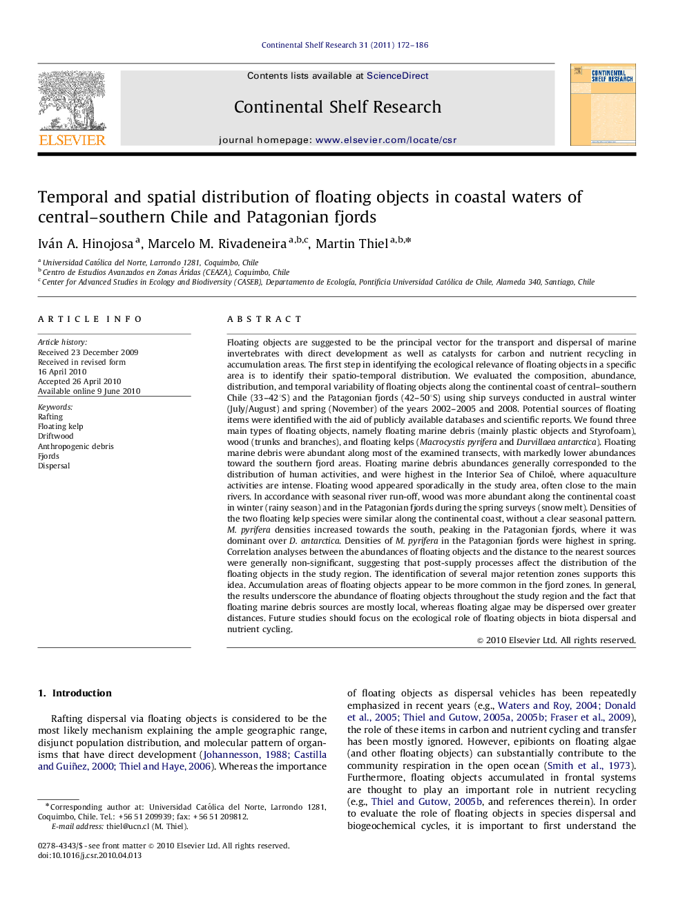 Temporal and spatial distribution of floating objects in coastal waters of central–southern Chile and Patagonian fjords