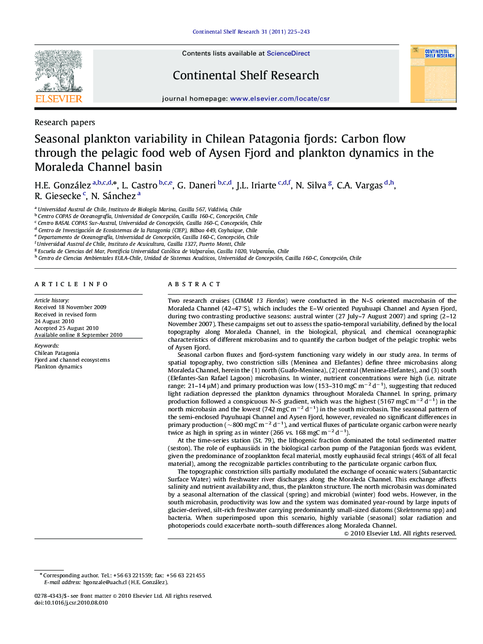 Seasonal plankton variability in Chilean Patagonia fjords: Carbon flow through the pelagic food web of Aysen Fjord and plankton dynamics in the Moraleda Channel basin