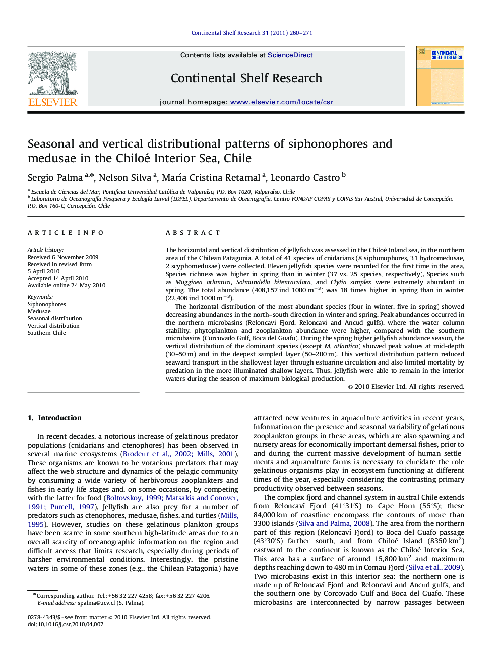 Seasonal and vertical distributional patterns of siphonophores and medusae in the Chiloé Interior Sea, Chile