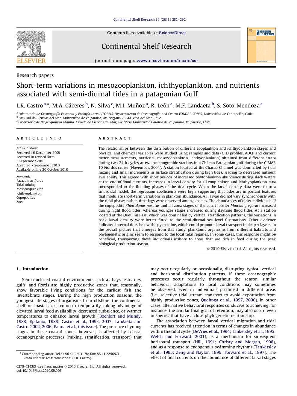 Short-term variations in mesozooplankton, ichthyoplankton, and nutrients associated with semi-diurnal tides in a patagonian Gulf