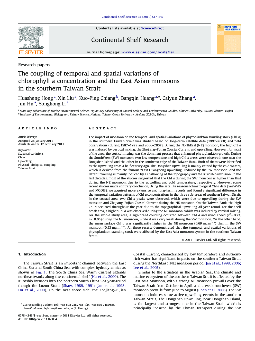 The coupling of temporal and spatial variations of chlorophyll a concentration and the East Asian monsoons in the southern Taiwan Strait