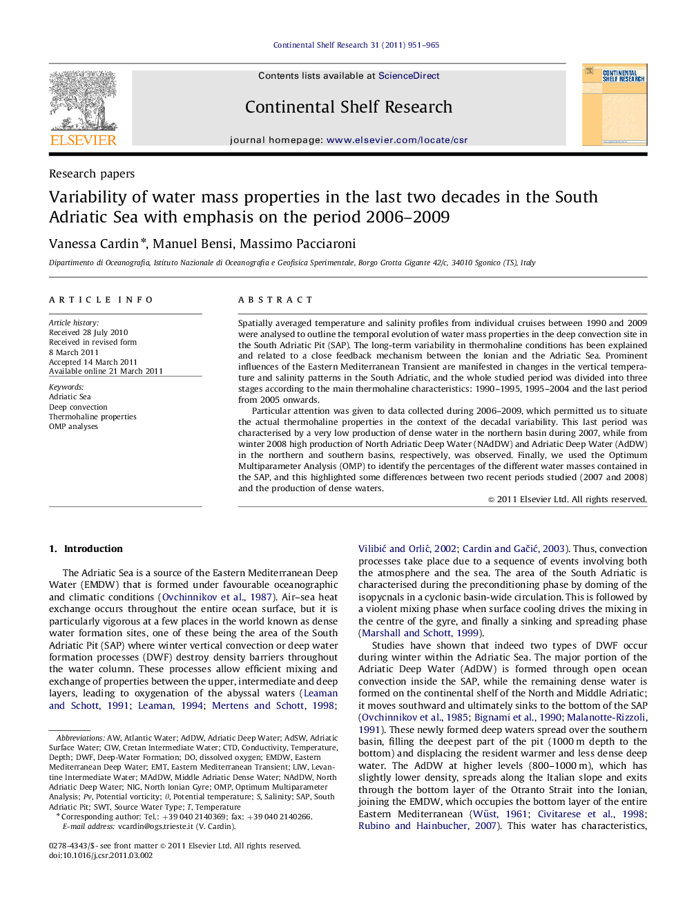 عکس صفحه اول مقاله: Variability of water mass properties in the last two decades in the South Adriatic Sea with emphasis on the period 2006–2009 Variability of water mass properties in the last two decades in the South Adriatic Sea with emphasis on the period 2006–2009