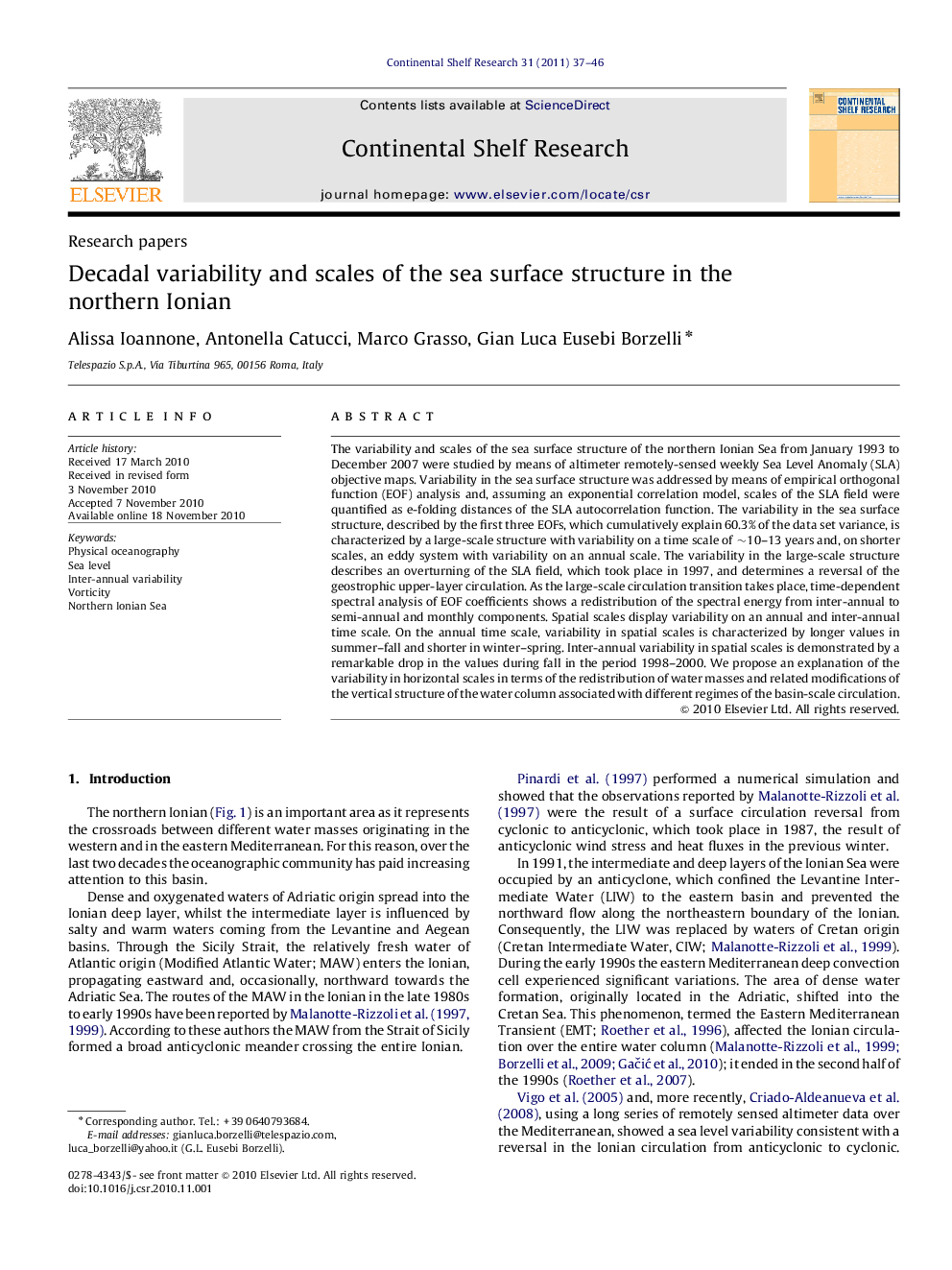 Decadal variability and scales of the sea surface structure in the northern Ionian