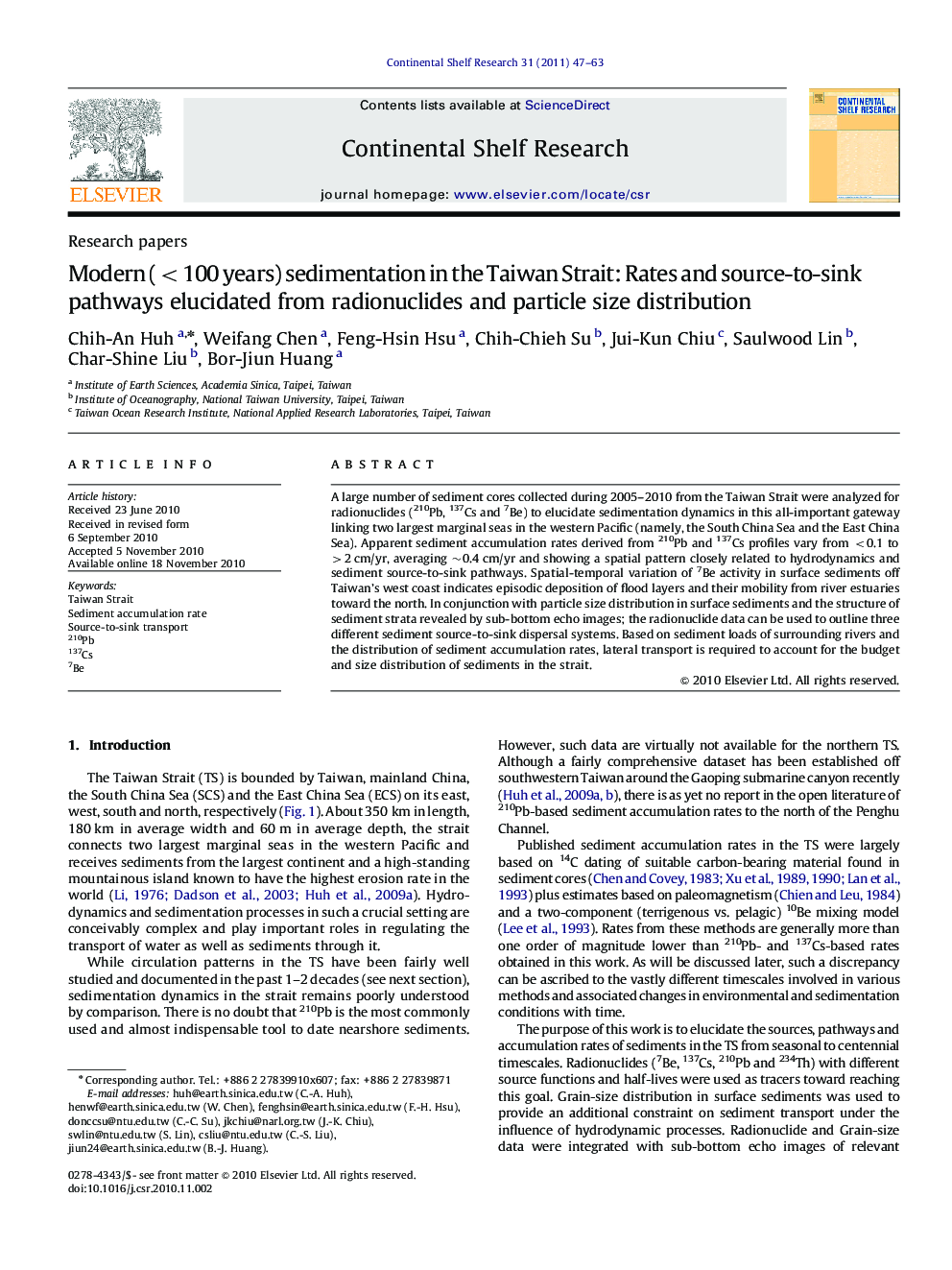 Modern (<100 years) sedimentation in the Taiwan Strait: Rates and source-to-sink pathways elucidated from radionuclides and particle size distribution