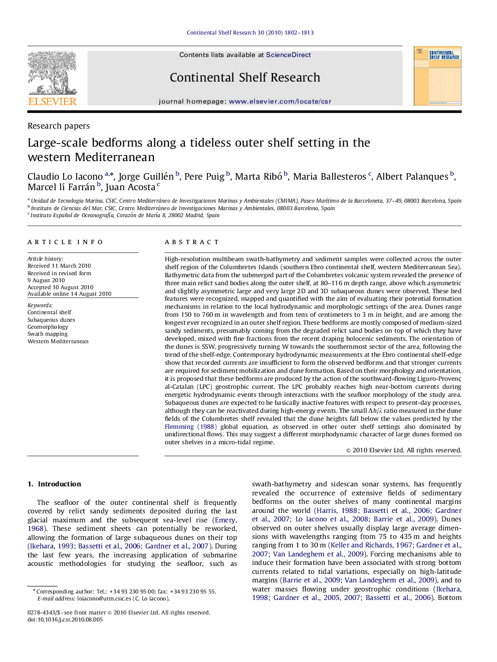 Large-scale bedforms along a tideless outer shelf setting in the western Mediterranean