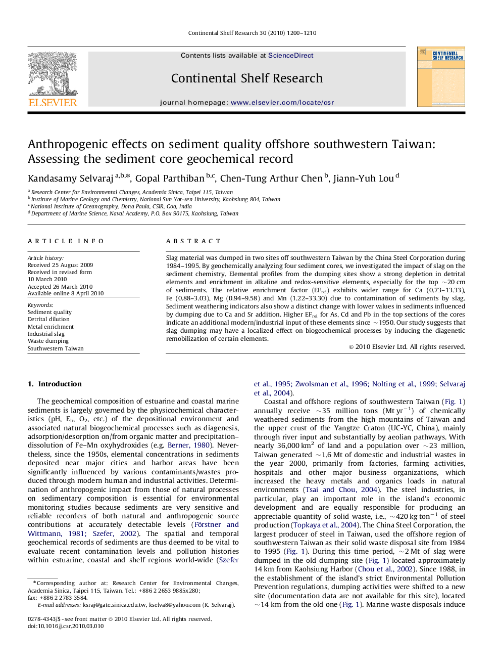 Anthropogenic effects on sediment quality offshore southwestern Taiwan: Assessing the sediment core geochemical record