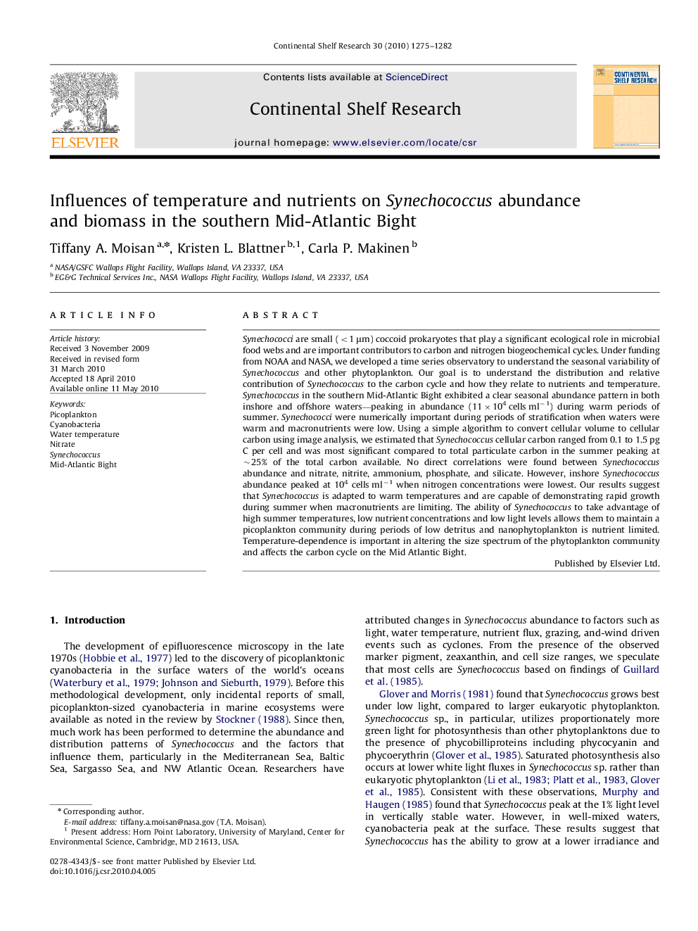 Influences of temperature and nutrients on Synechococcus abundance and biomass in the southern Mid-Atlantic Bight