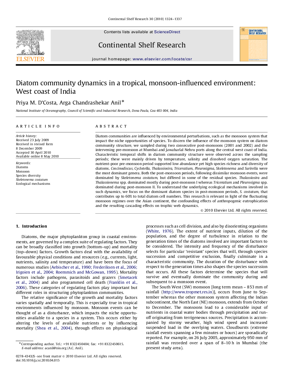 Diatom community dynamics in a tropical, monsoon-influenced environment: West coast of India