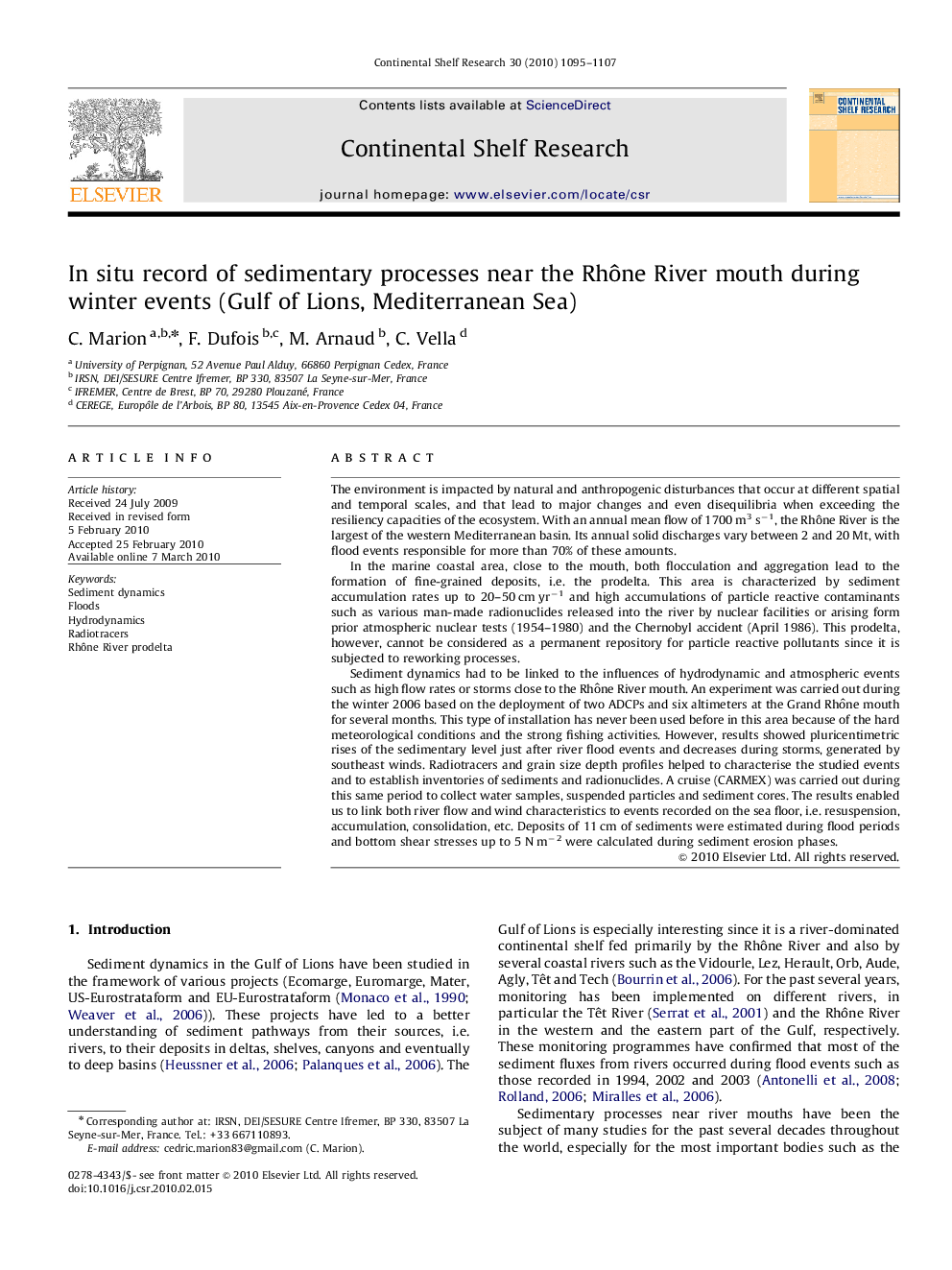 In situ record of sedimentary processes near the Rhône River mouth during winter events (Gulf of Lions, Mediterranean Sea)