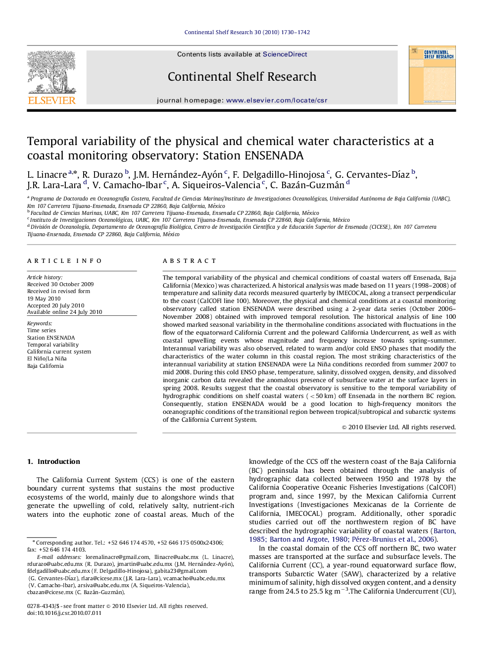 Temporal variability of the physical and chemical water characteristics at a coastal monitoring observatory: Station ENSENADA