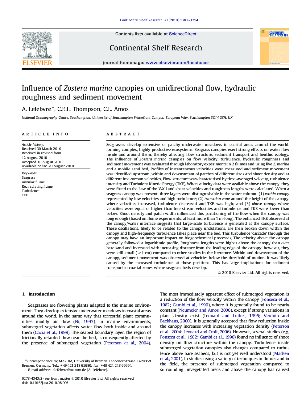 Influence of Zostera marina canopies on unidirectional flow, hydraulic roughness and sediment movement