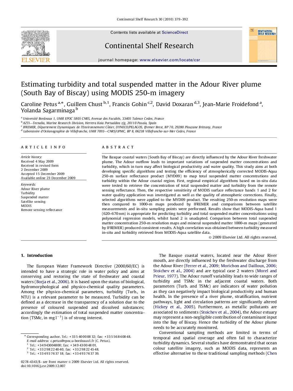 Estimating turbidity and total suspended matter in the Adour River plume (South Bay of Biscay) using MODIS 250-m imagery