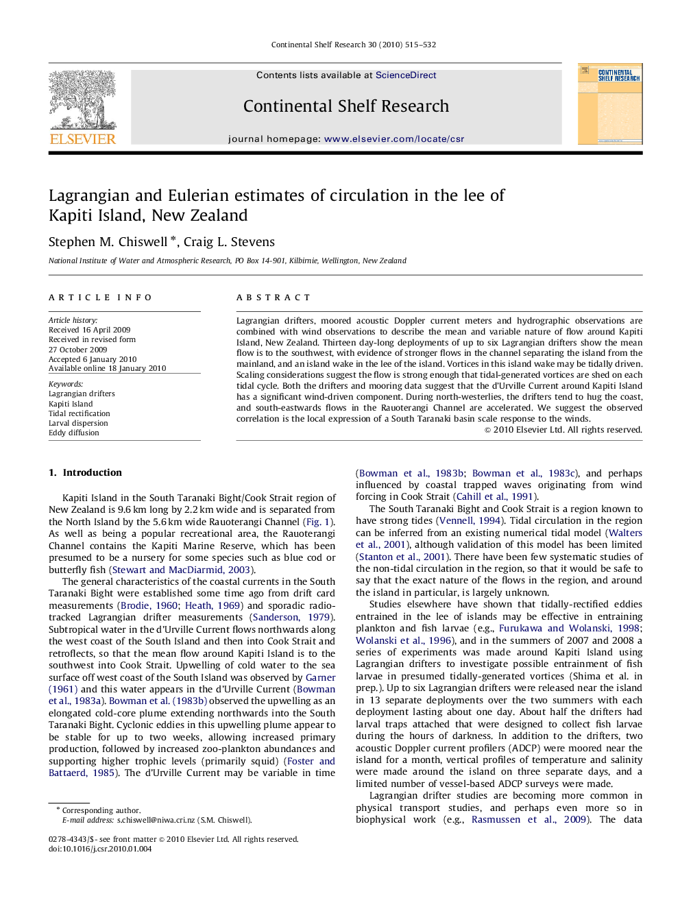 Lagrangian and Eulerian estimates of circulation in the lee of Kapiti Island, New Zealand