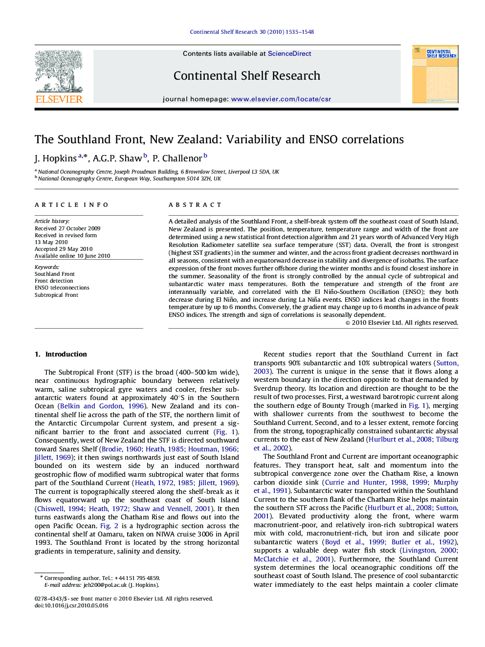 The Southland Front, New Zealand: Variability and ENSO correlations