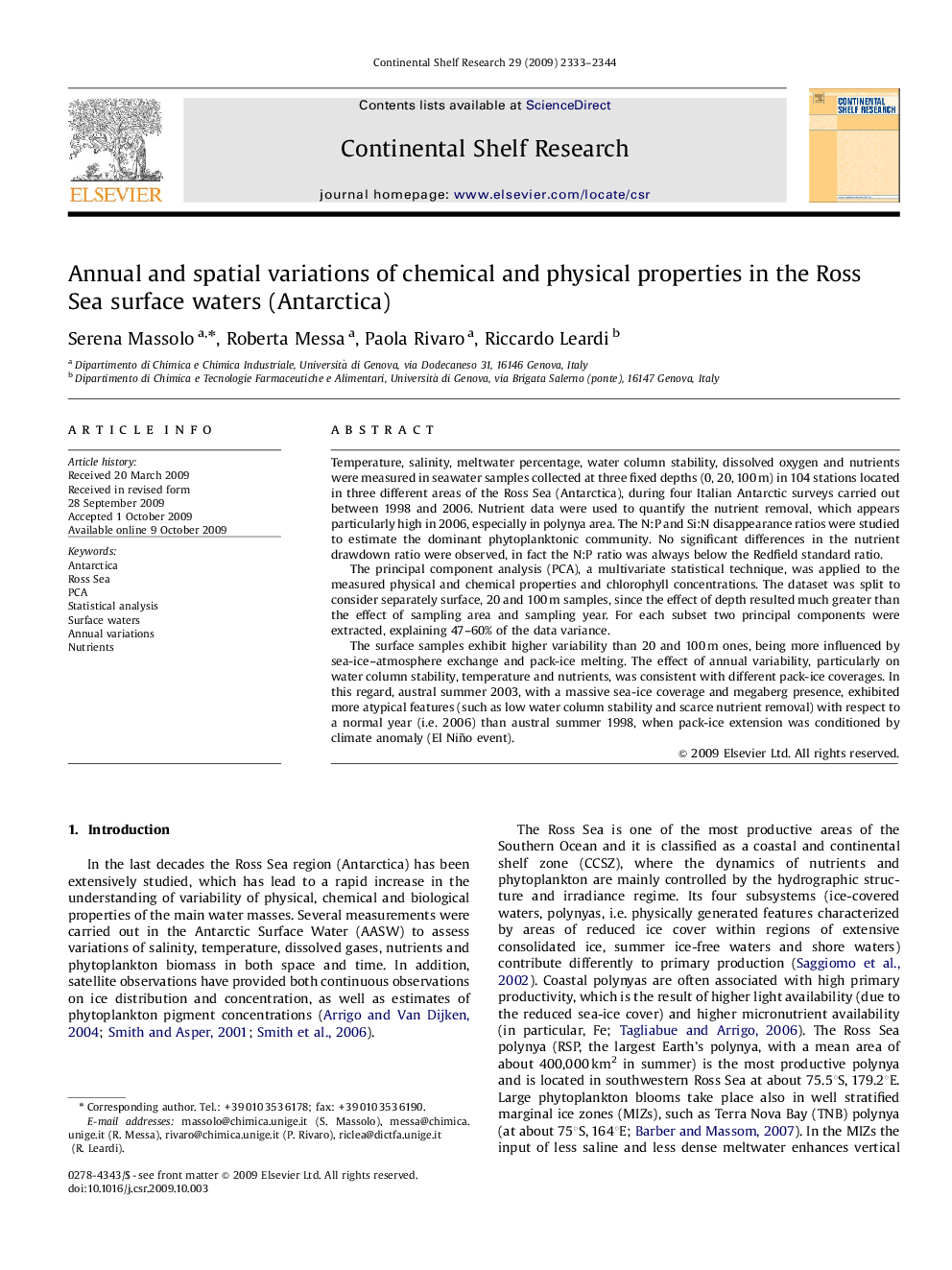 Annual and spatial variations of chemical and physical properties in the Ross Sea surface waters (Antarctica)