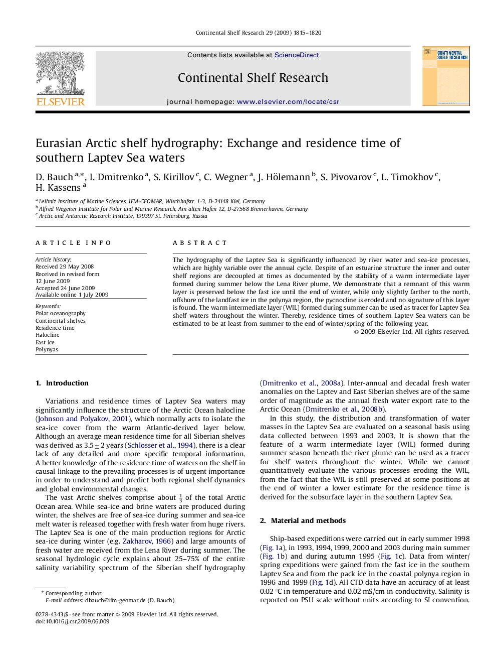 Eurasian Arctic shelf hydrography: Exchange and residence time of southern Laptev Sea waters