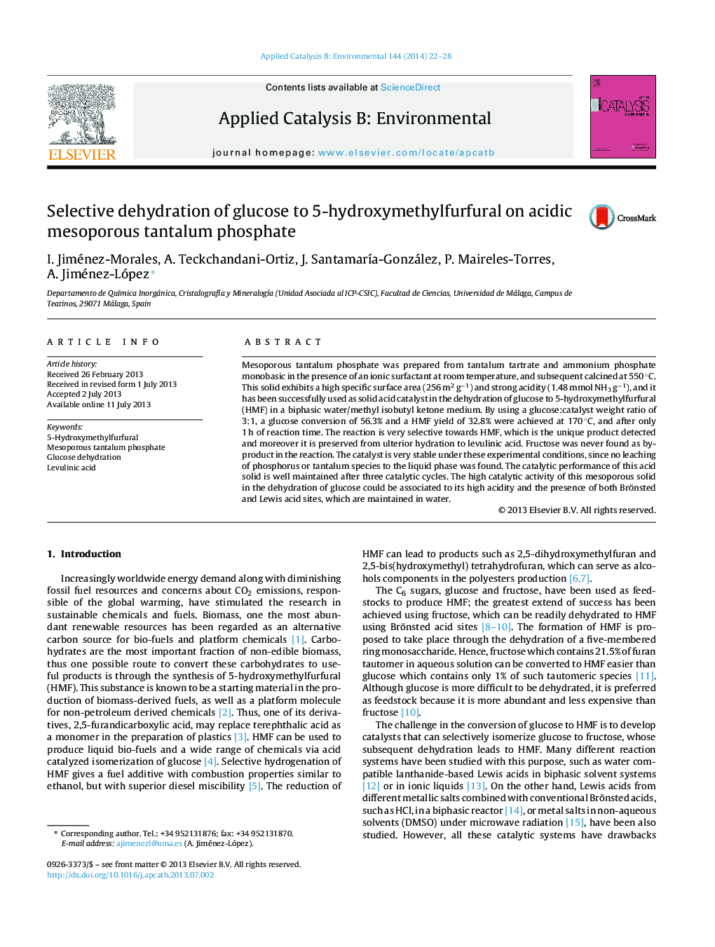 Selective dehydration of glucose to 5-hydroxymethylfurfural on acidic mesoporous tantalum phosphate
