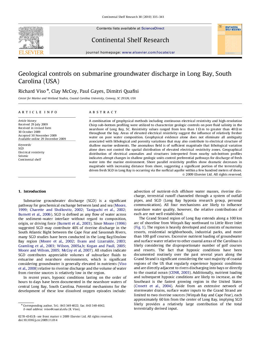 Geological controls on submarine groundwater discharge in Long Bay, South Carolina (USA)