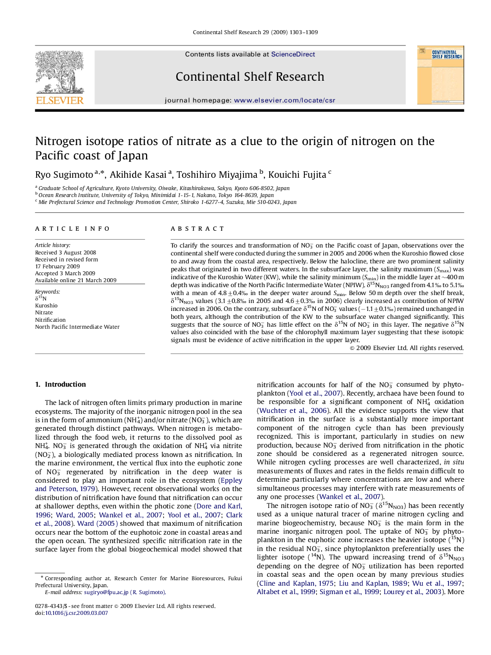 Nitrogen isotope ratios of nitrate as a clue to the origin of nitrogen on the Pacific coast of Japan