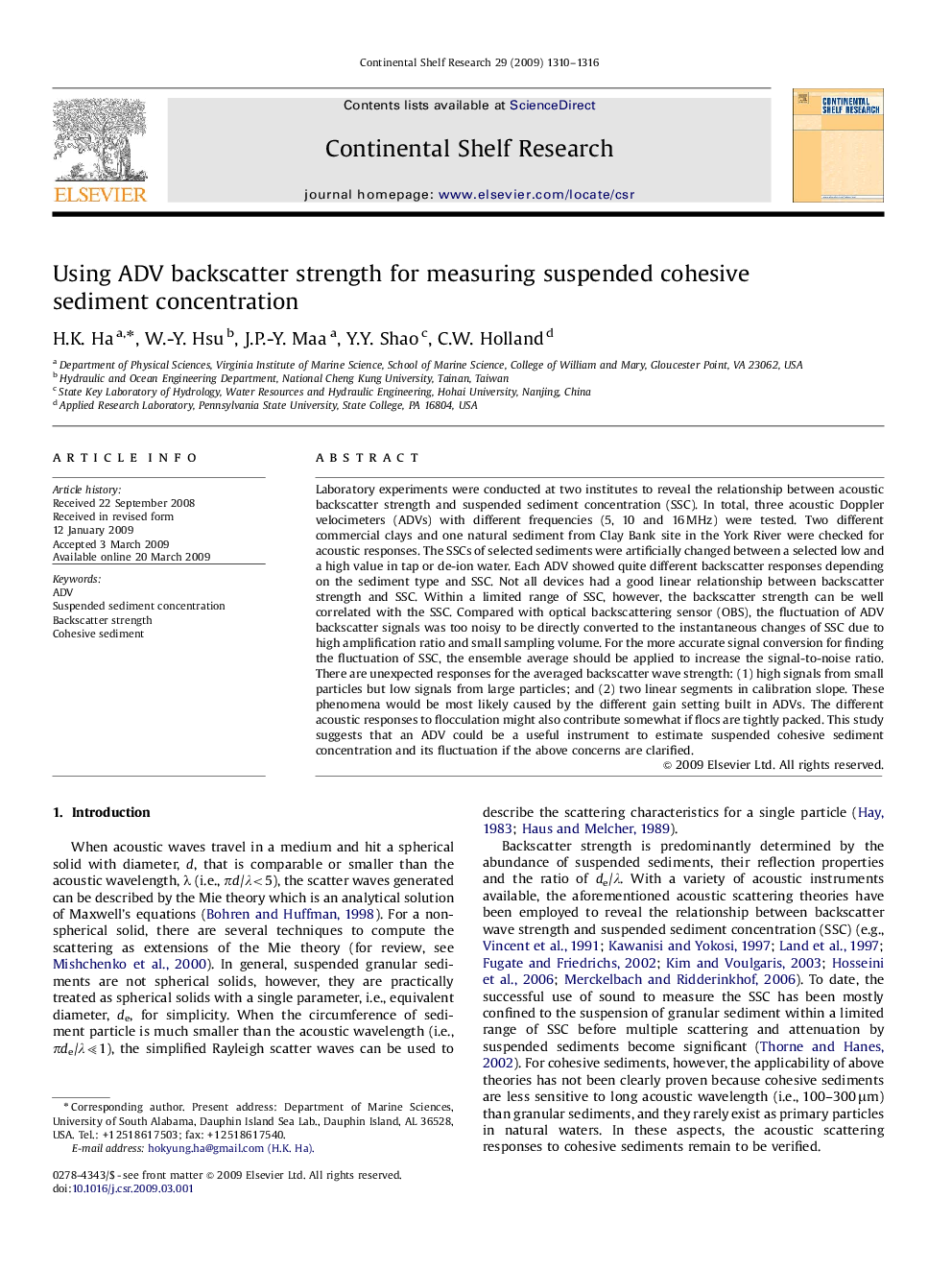 Using ADV backscatter strength for measuring suspended cohesive sediment concentration