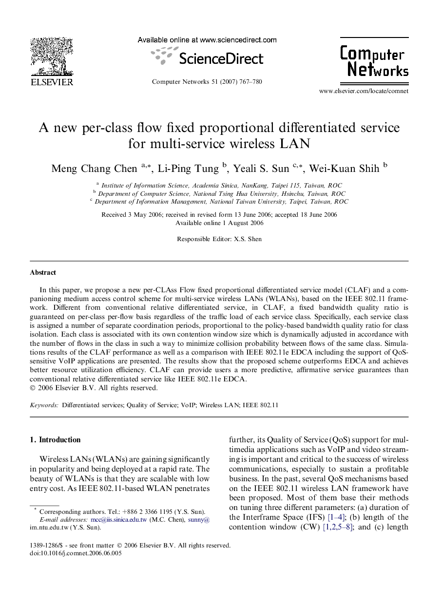 A new per-class flow fixed proportional differentiated service for multi-service wireless LAN