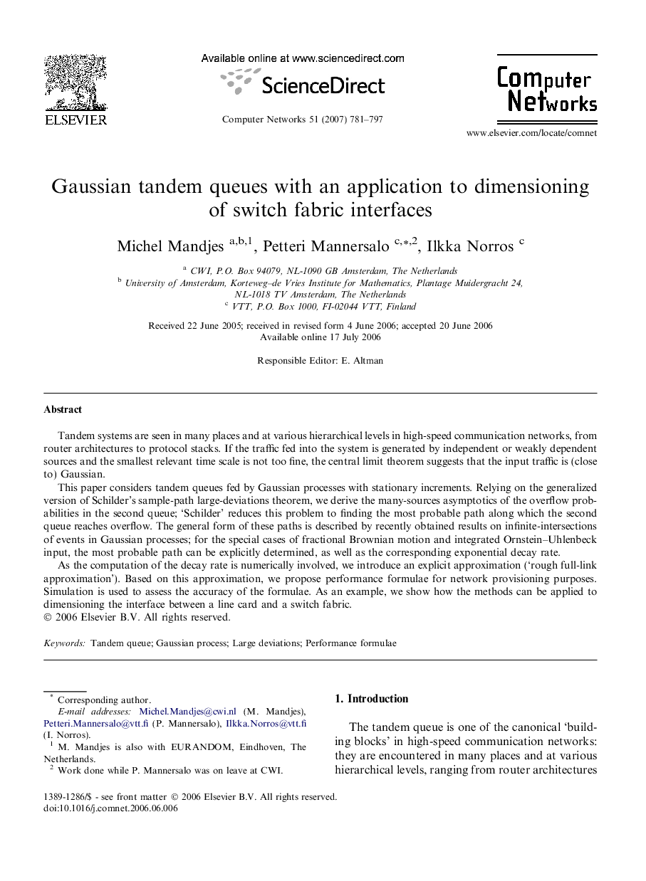 Gaussian tandem queues with an application to dimensioning of switch fabric interfaces