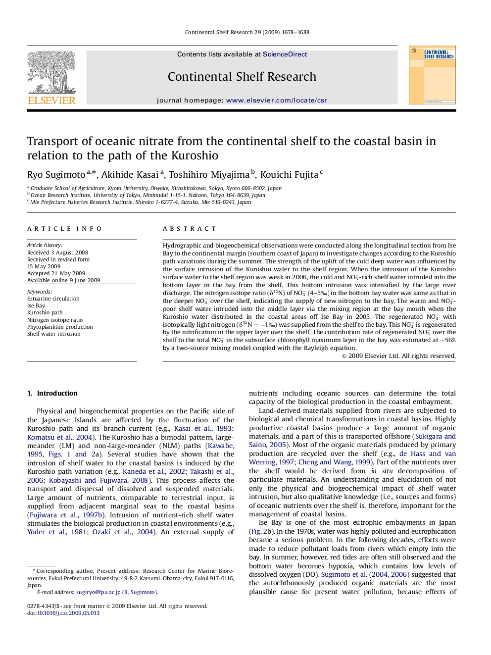 Transport of oceanic nitrate from the continental shelf to the coastal basin in relation to the path of the Kuroshio