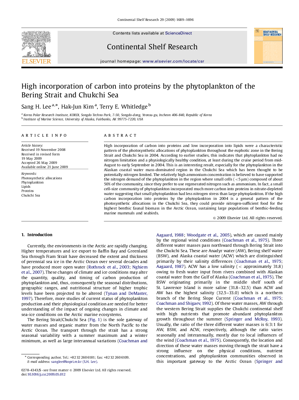 High incorporation of carbon into proteins by the phytoplankton of the Bering Strait and Chukchi Sea